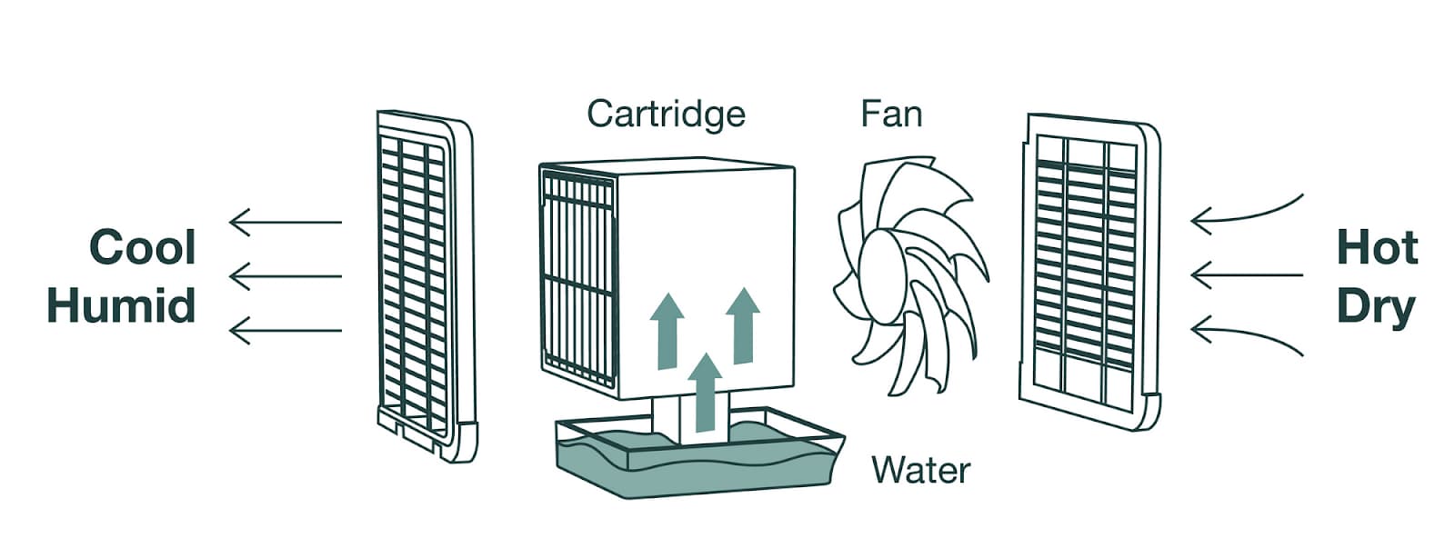Illustration of the cooling process in a portable evaporative air cooler